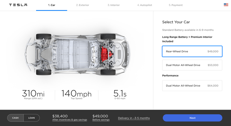 The Model 3 configurator isn’t interested in your peasant-spec trims. $49,000 and up.